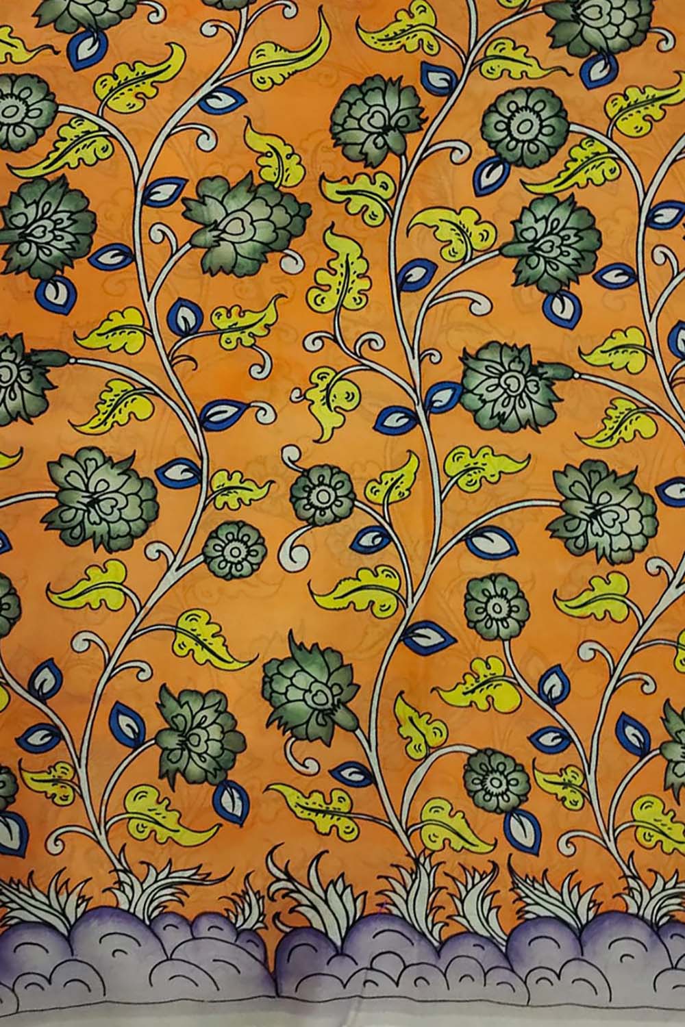Yellow Hand Painted Kalamkari Bangalore Silk Fabric - 1 Mtr