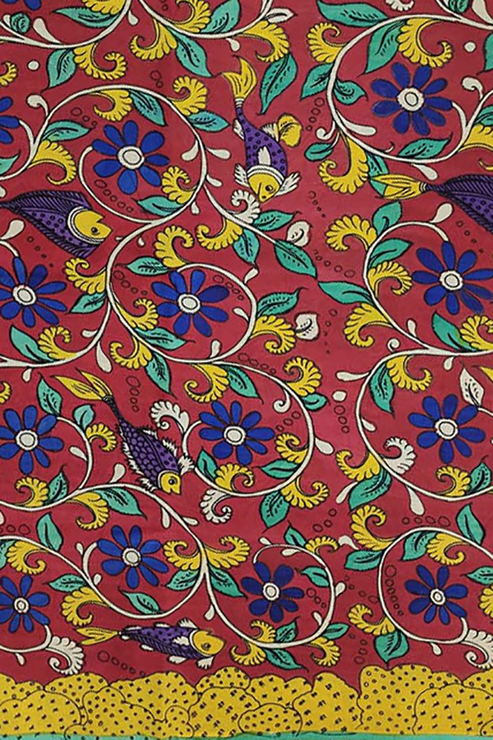 Red Hand-painted Kalamkari Bangalore Silk Fabric - 1 Mtr