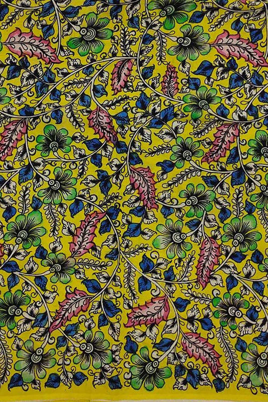 Yellow Hand-painted Kalamkari Bangalore Silk Fabric - 1 Mtr - Luxurion World