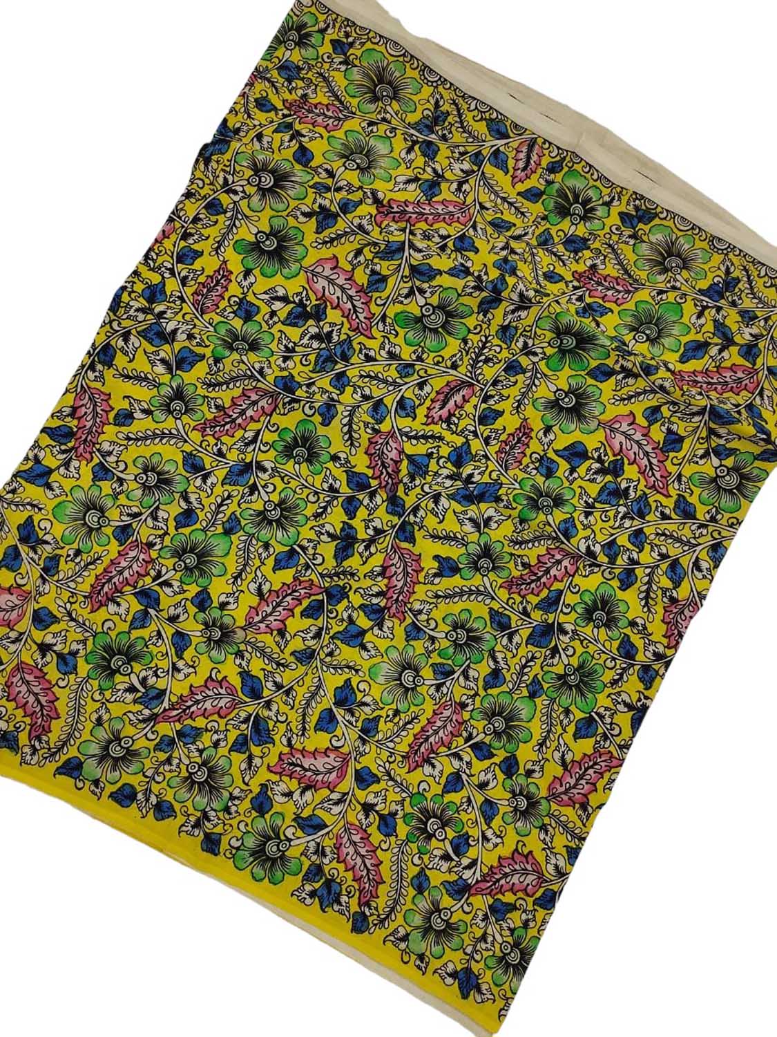 Yellow Hand-painted Kalamkari Bangalore Silk Fabric - 1 Mtr - Luxurion World