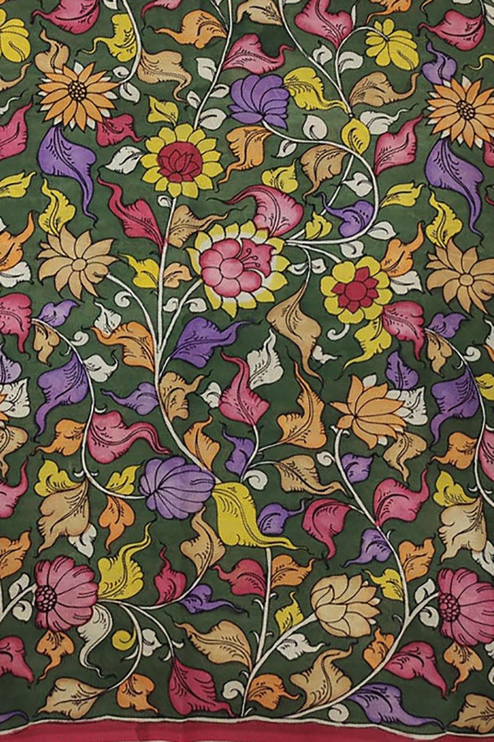 Green Kalamkari Hand Painted Bangalore Silk Fabric  (1 Mtr) - Luxurion World