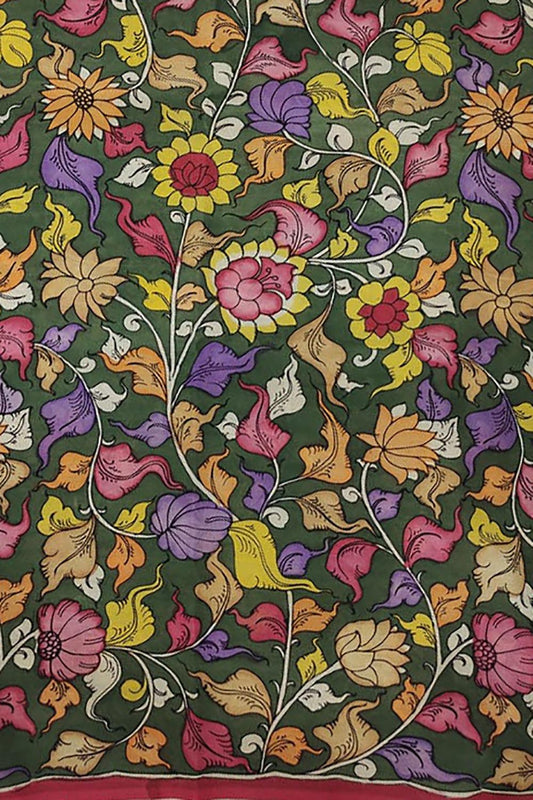 Green Kalamkari Hand Painted Bangalore Silk Fabric  (1 Mtr) - Luxurion World