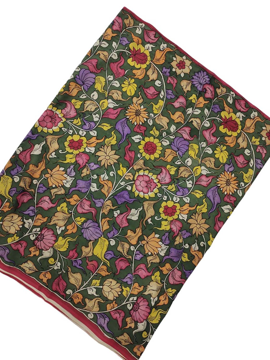 Green Kalamkari Hand Painted Bangalore Silk Fabric  (1 Mtr) - Luxurion World