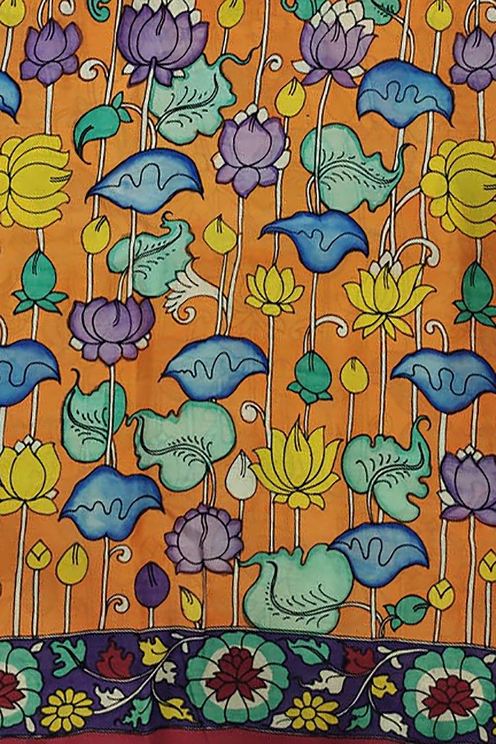 Orange Kalamkari Hand Painted Bangalore Silk Fabric (1 Mtr)