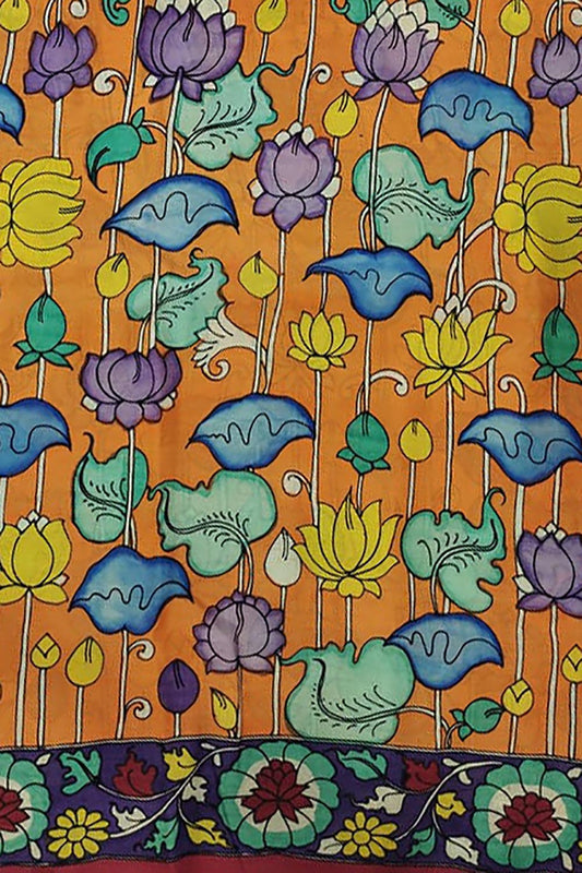 Orange Kalamkari Hand Painted Bangalore Silk Fabric (1 Mtr) - Luxurion World