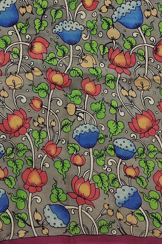 Grey Kalamkari Hand Painted Bangalore Silk Fabric - Professional Quality (1 Mtr) - Luxurion World