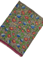 Grey Kalamkari Hand Painted Bangalore Silk Fabric - Professional Quality (1 Mtr) - Luxurion World