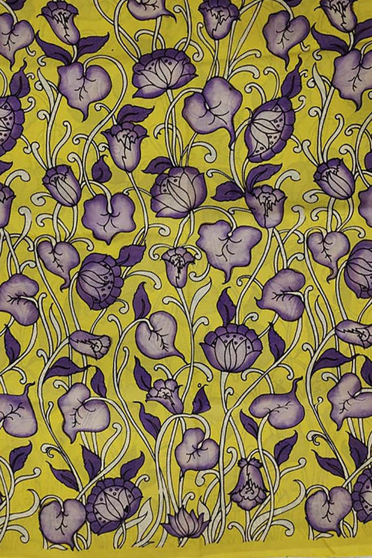 Hand Painted Kalamkari Silk Fabric - Yellow (1 Mtr) - Professional Quality - Luxurion World