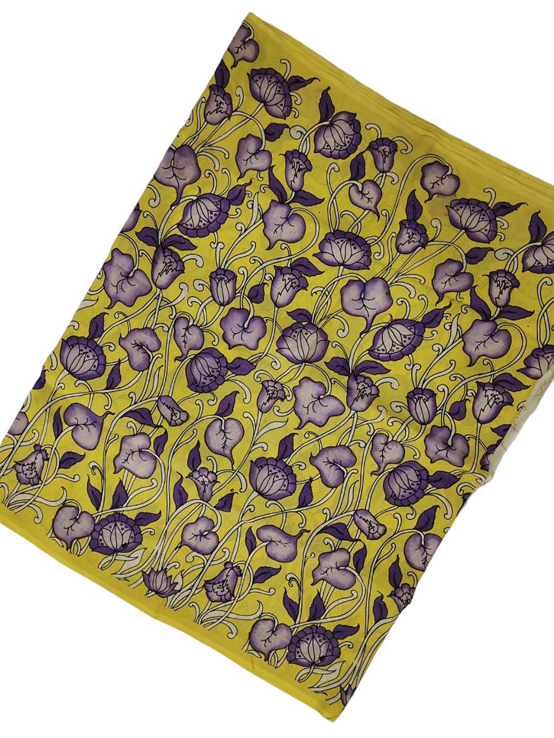 Hand Painted Kalamkari Silk Fabric - Yellow (1 Mtr) - Professional Quality