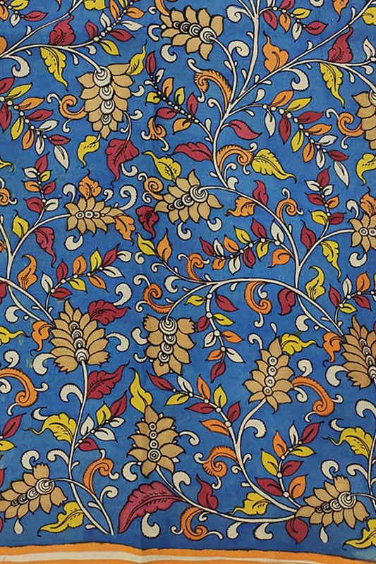 Hand Painted Bangalore Silk Fabric - Blue Kalamkari (1 Mtr) - Professional Quality - Luxurion World