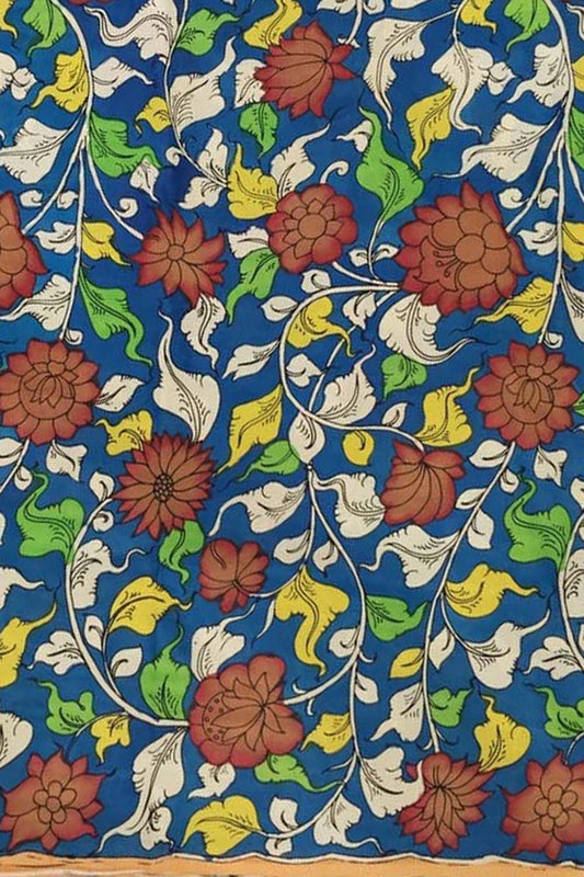 Blue Kalamkari Hand Painted Pure Bangalore Silk Fabric (1 mtr) - Luxurion World