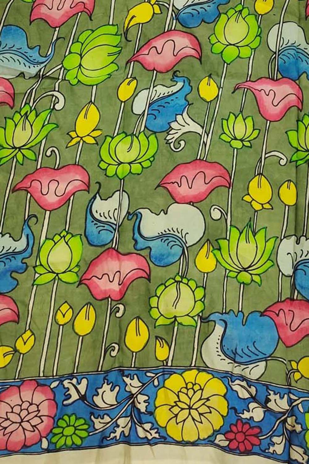 Green Kalamkari Hand Painted Pure Bangalore Silk Fabric (1 mtr) - Luxurion World