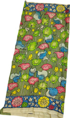 Green Kalamkari Hand Painted Pure Bangalore Silk Fabric (1 mtr) - Luxurion World