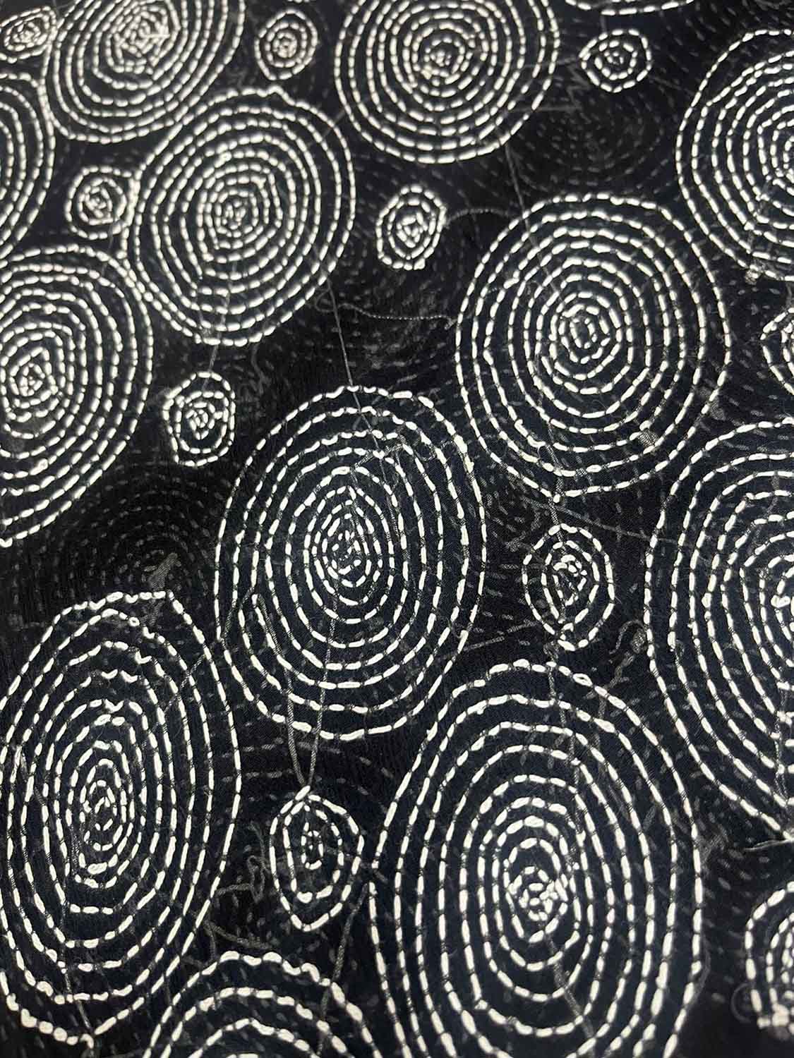 Black Kantha Hand Embroidered Pure Tussar Silk Fabric ( 1 Mtr ) - Luxurion World