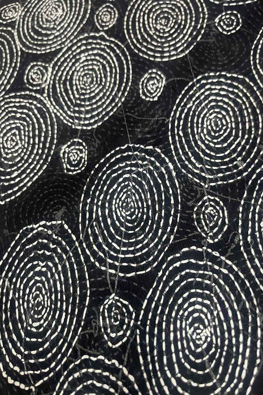 Black Kantha Hand Embroidered Pure Tussar Silk Fabric ( 1 Mtr )