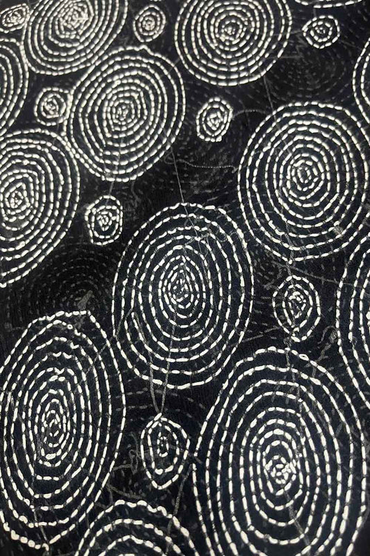 Black Kantha Hand Embroidered Pure Tussar Silk Fabric ( 1 Mtr ) - Luxurion World