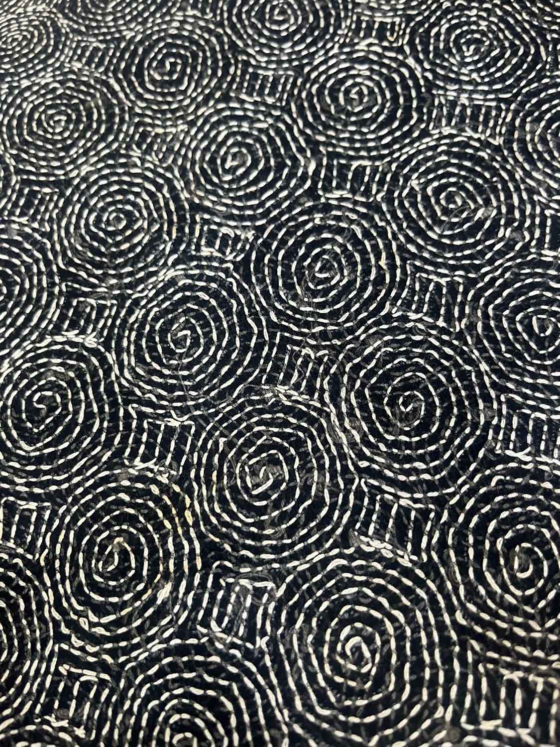 Black Kantha Hand Embroidered Pure Tussar Silk Fabric ( 1 Mtr ) - Luxurion World