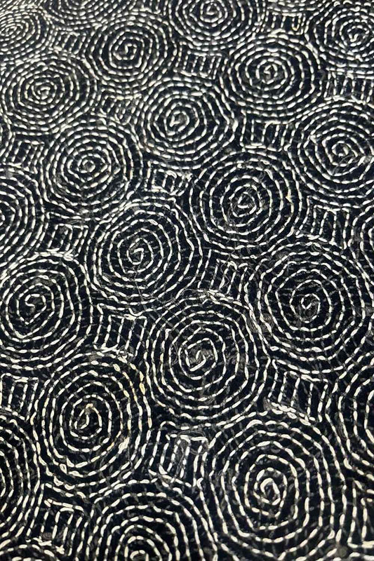 Black Kantha Hand Embroidered Pure Tussar Silk Fabric ( 1 Mtr )