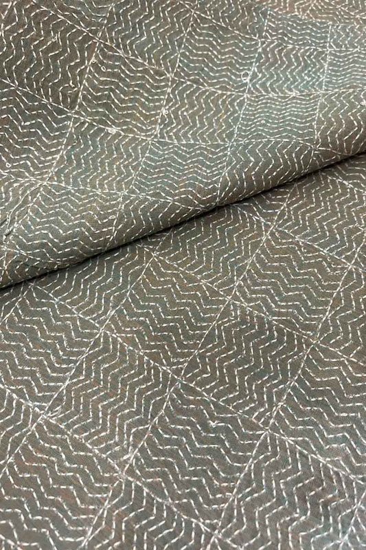 Pastel Kantha Hand Embroidered Pure Tussar Silk Fabric ( 1 Mtr )