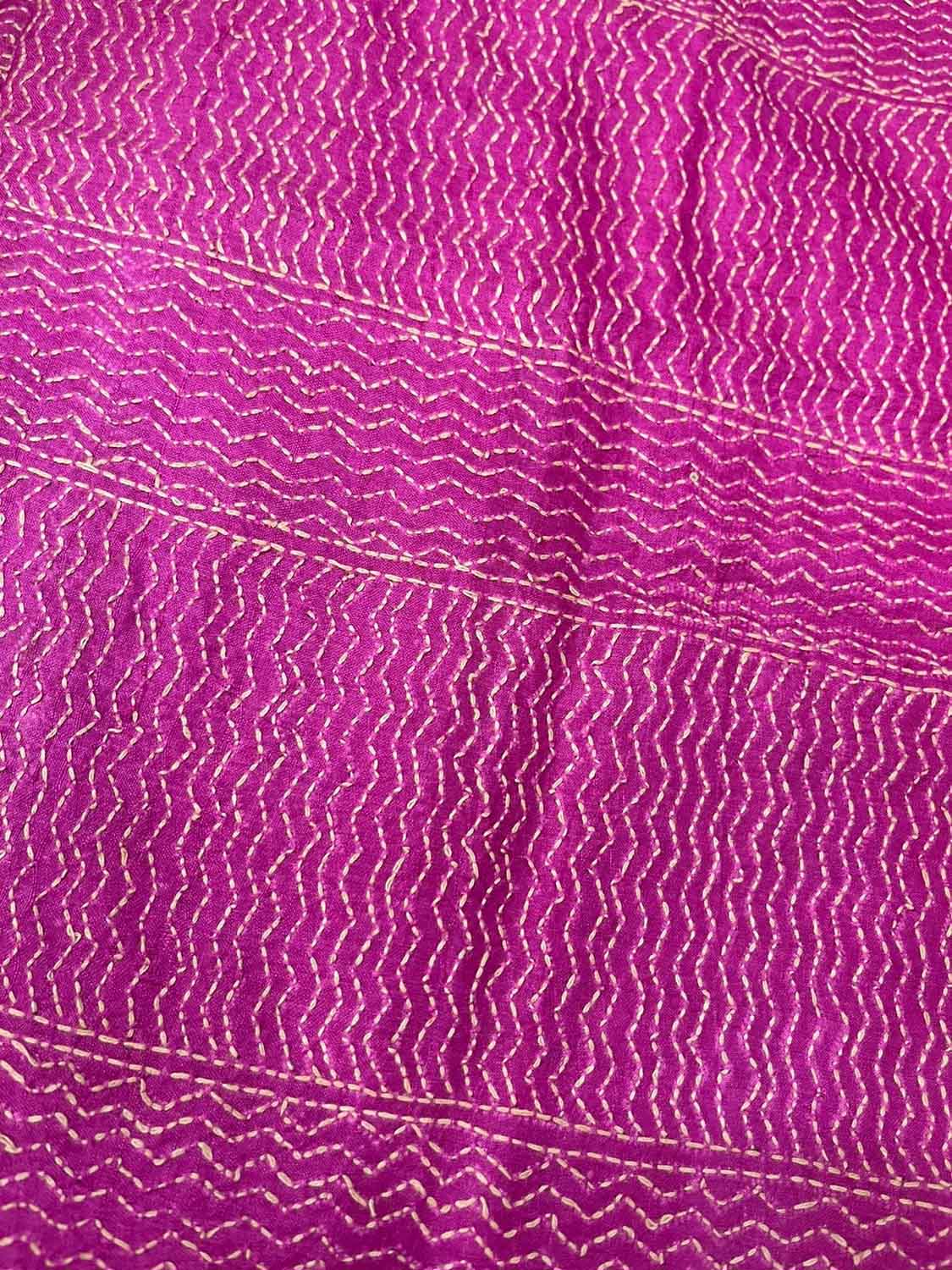 Pink Kantha Hand Embroidered Pure Tussar Silk Fabric ( 1 Mtr ) - Luxurion World