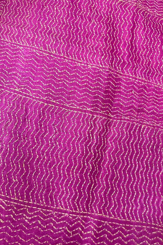 Pink Kantha Hand Embroidered Pure Tussar Silk Fabric ( 1 Mtr )