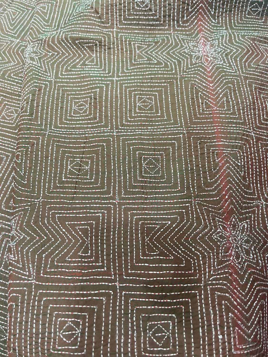Pastel Kantha Hand Embroidered Pure Tussar Silk Fabric ( 1 Mtr ) - Luxurion World