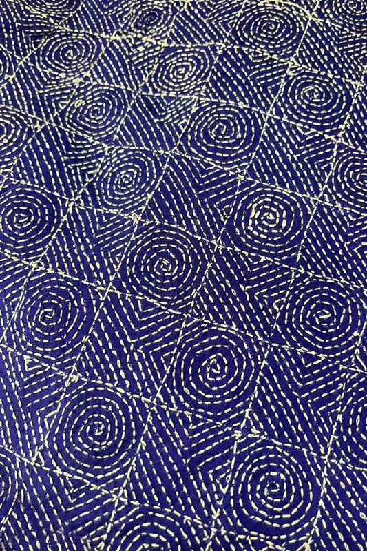 Blue Kantha Hand Embroidered Pure Tussar Silk Fabric ( 1 Mtr )