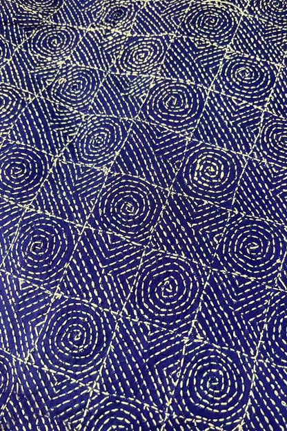 Blue Kantha Hand Embroidered Pure Tussar Silk Fabric ( 1 Mtr ) - Luxurion World