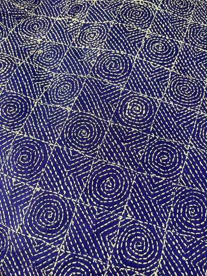 Blue Kantha Hand Embroidered Pure Tussar Silk Fabric ( 1 Mtr ) - Luxurion World