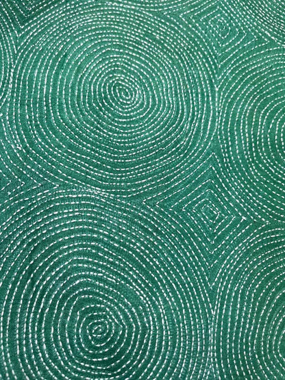 Green Kantha Hand Embroidered Pure Tussar Silk Fabric ( 1 Mtr ) - Luxurion World