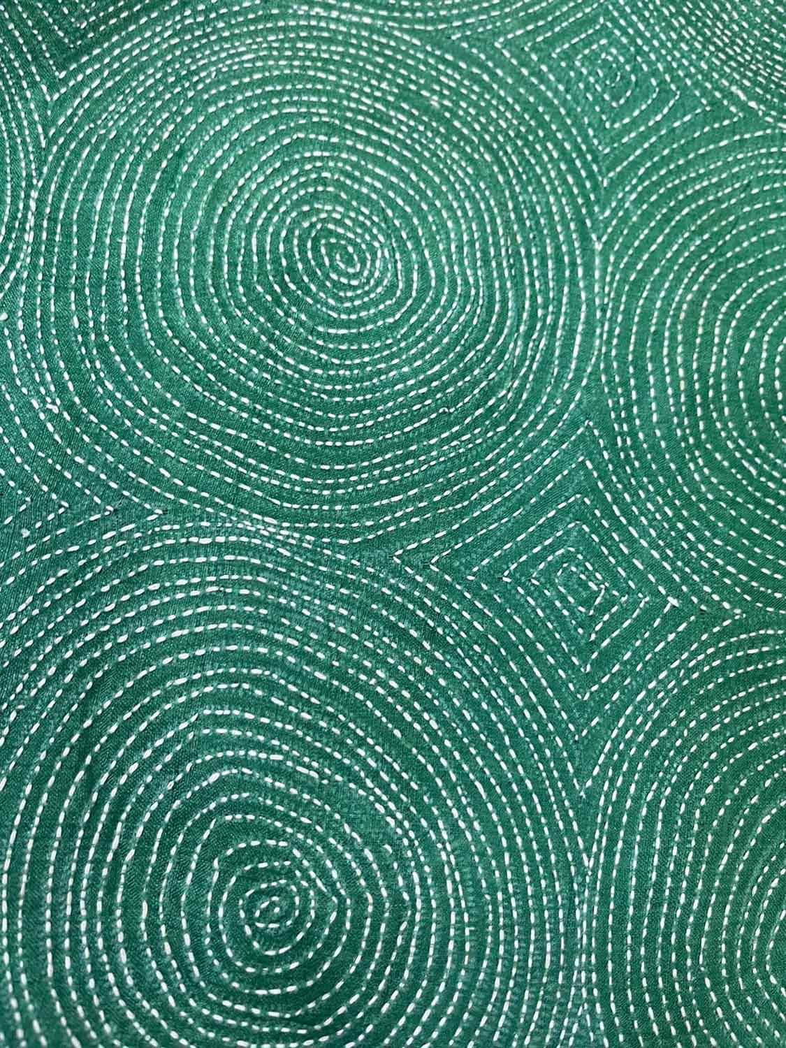 Green Kantha Hand Embroidered Pure Tussar Silk Fabric ( 1 Mtr ) - Luxurion World