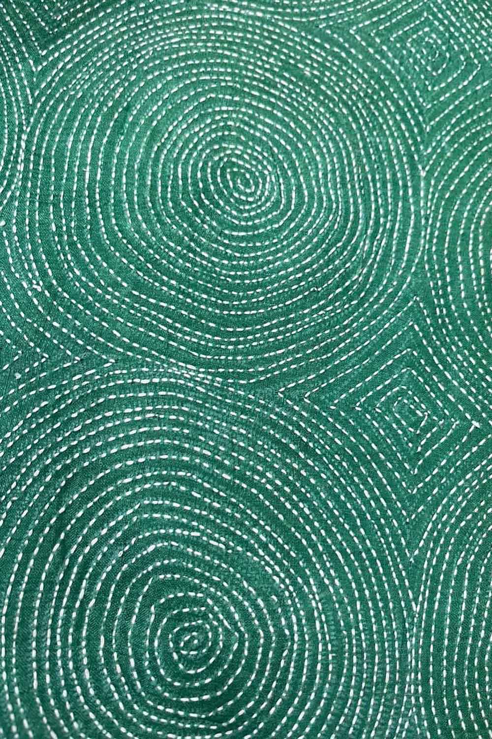 Green Kantha Hand Embroidered Pure Tussar Silk Fabric ( 1 Mtr ) - Luxurion World