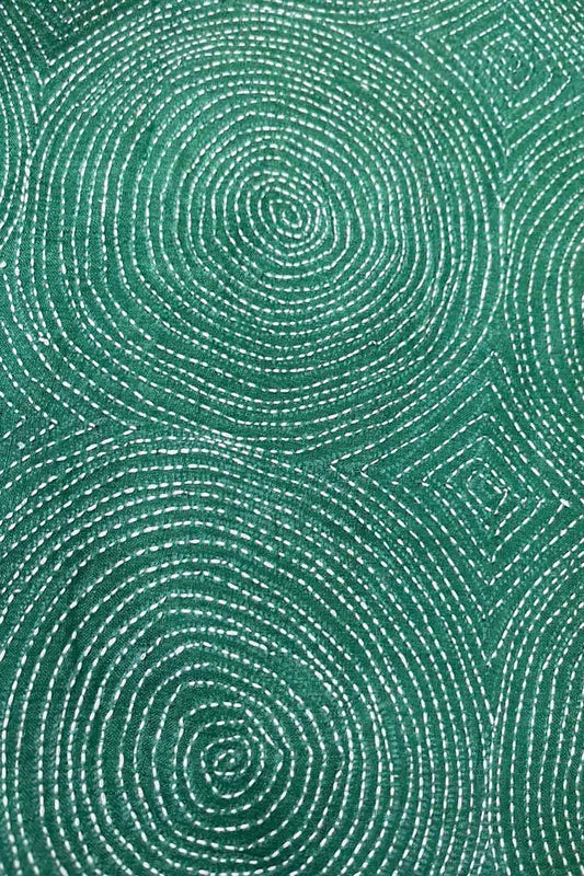 Green Kantha Hand Embroidered Pure Tussar Silk Fabric ( 1 Mtr ) - Luxurion World