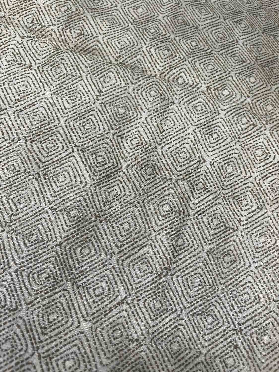 Off White Kantha Hand Embroidered Pure Tussar Silk Fabric ( 1 Mtr ) - Luxurion World