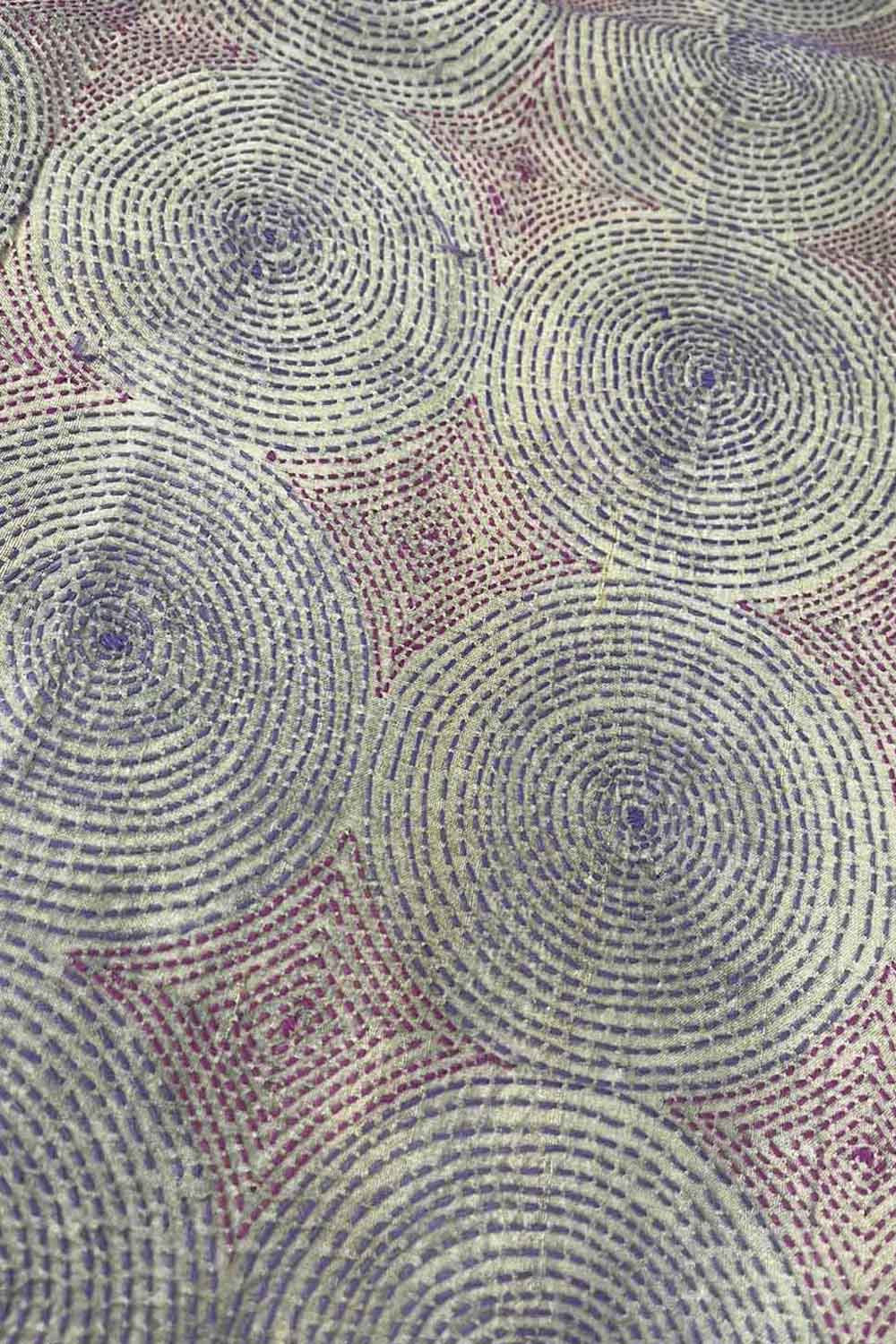 Pastel Kantha Hand Embroidered Pure Tussar Silk Fabric ( 1 Mtr ) - Luxurion World