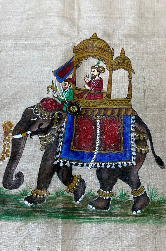 Pastel Hand Painted Madhubani Royal Mughal Art Pure Tussar Silk Unstitched Blouse Fabric ( 1 Mtr ) - Luxurion World