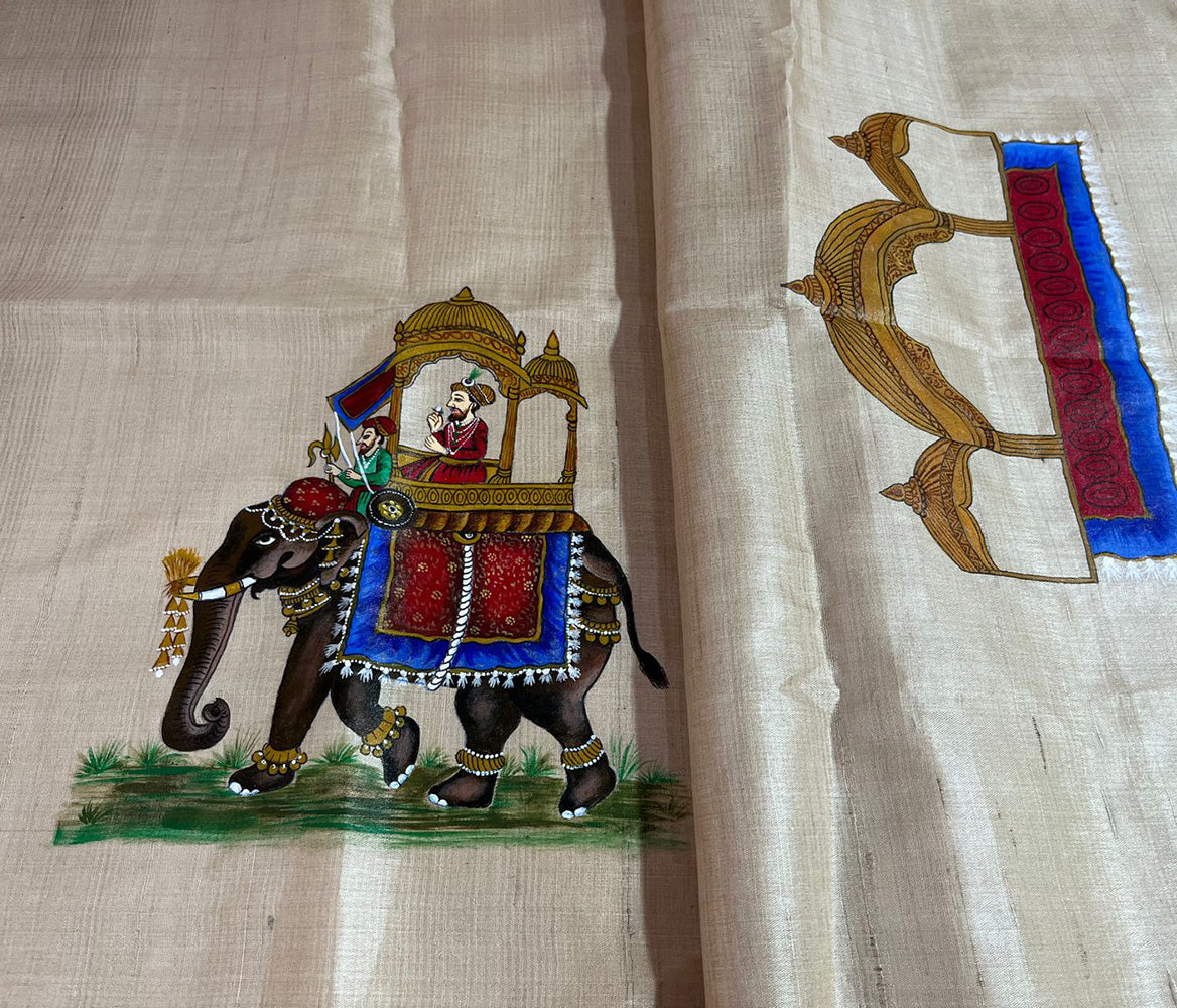 Pastel Hand Painted Madhubani Royal Mughal Art Pure Tussar Silk Unstitched Blouse Fabric ( 1 Mtr ) - Luxurion World