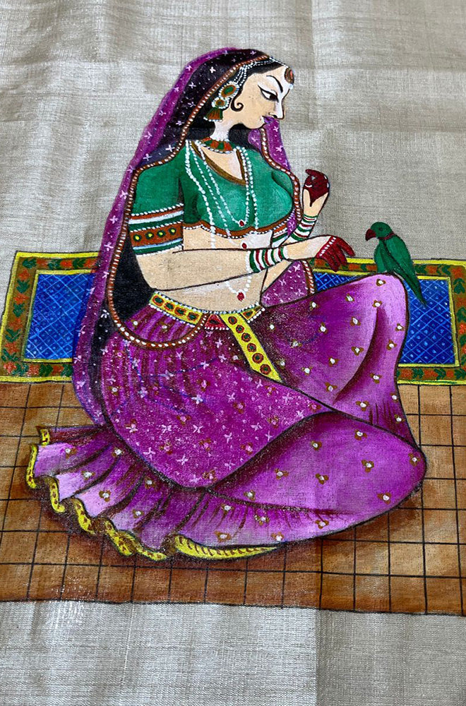 Pastel Hand Painted Madhubani Royal Mughal Art Pure Tussar Silk Unstitched Blouse Fabric ( 1 Mtr ) - Luxurion World