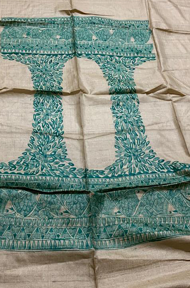 Pastel Hand Painted Madhubani Pure Tussar Silk Unstitched Blouse Fabric - Luxurion World