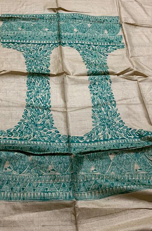 Pastel Hand Painted Madhubani Pure Tussar Silk Unstitched Blouse Fabric - Luxurion World