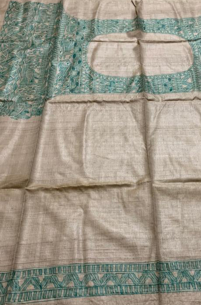 Pastel Hand Painted Madhubani Pure Tussar Silk Unstitched Blouse Fabric - Luxurion World
