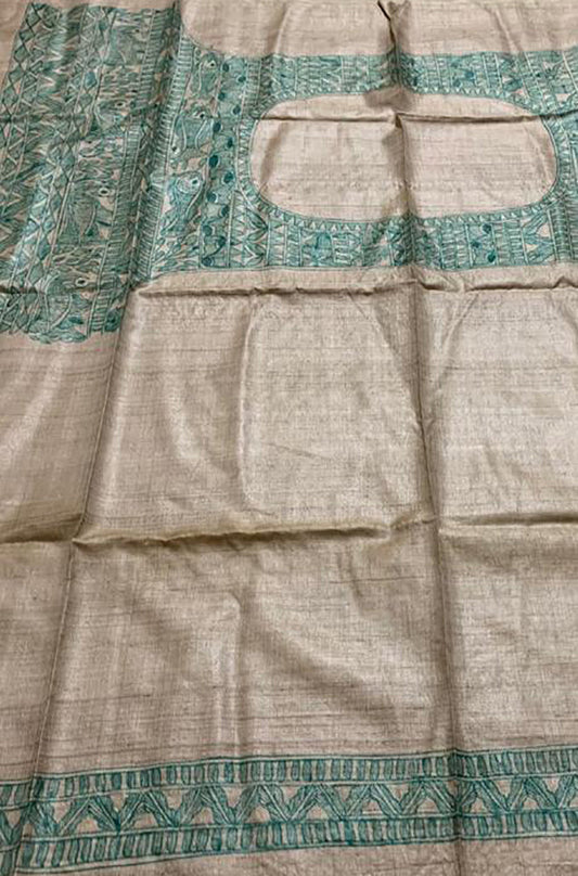 Pastel Hand Painted Madhubani Pure Tussar Silk Unstitched Blouse Fabric - Luxurion World