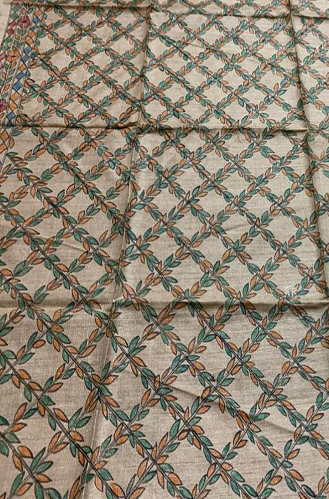 Pastel Hand Painted Madhubani Pure Tussar Silk Unstitched Blouse Fabric - Luxurionworld