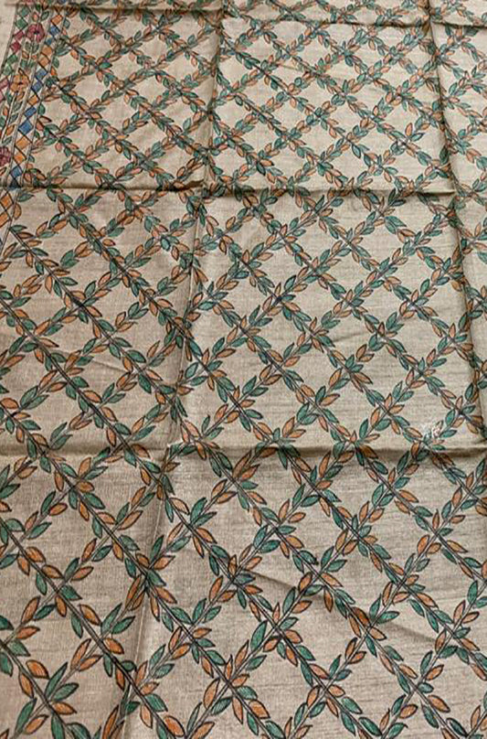 Pastel Hand Painted Madhubani Pure Tussar Silk Unstitched Blouse Fabric - Luxurion World
