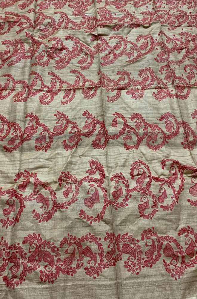 Pastel Hand Painted Madhubani Pure Tussar Silk Unstitched Blouse Fabric