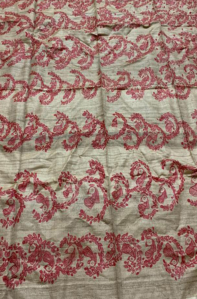 Pastel Hand Painted Madhubani Pure Tussar Silk Unstitched Blouse Fabric - Luxurion World