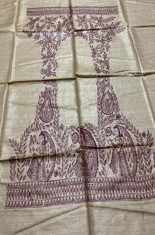 Pastel Hand Painted Madhubani Pure Tussar Silk Unstitched Blouse Fabric - Luxurion World