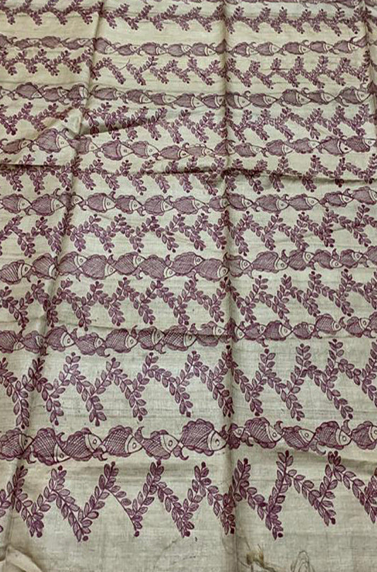 Pastel Hand Painted Madhubani Pure Tussar Silk Unstitched Blouse Fabric - Luxurion World