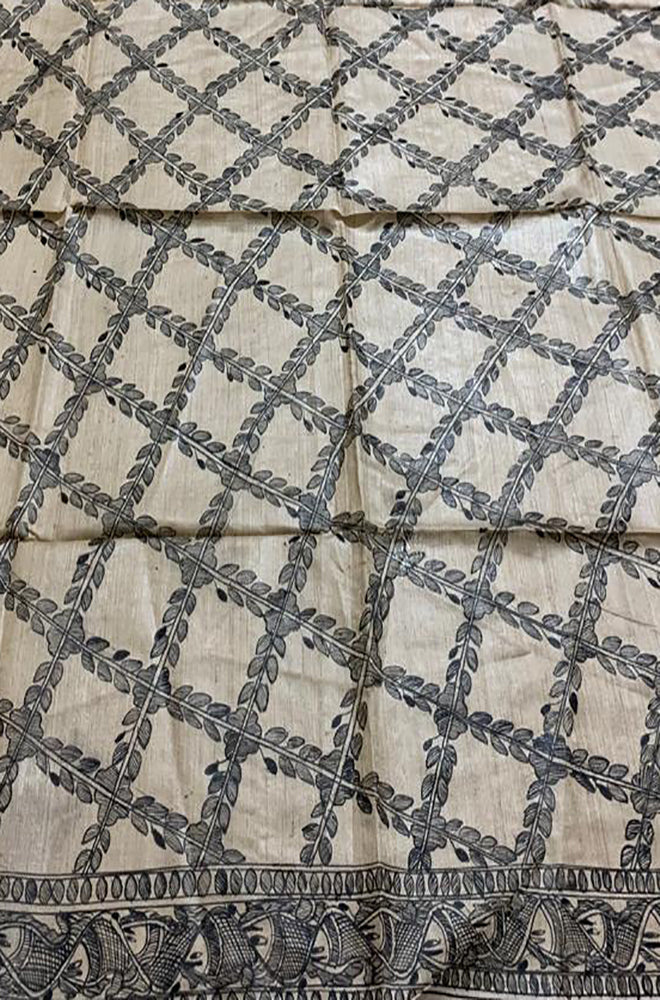 Pastel Hand Painted Madhubani Pure Tussar Silk Unstitched Blouse Fabric - Luxurion World