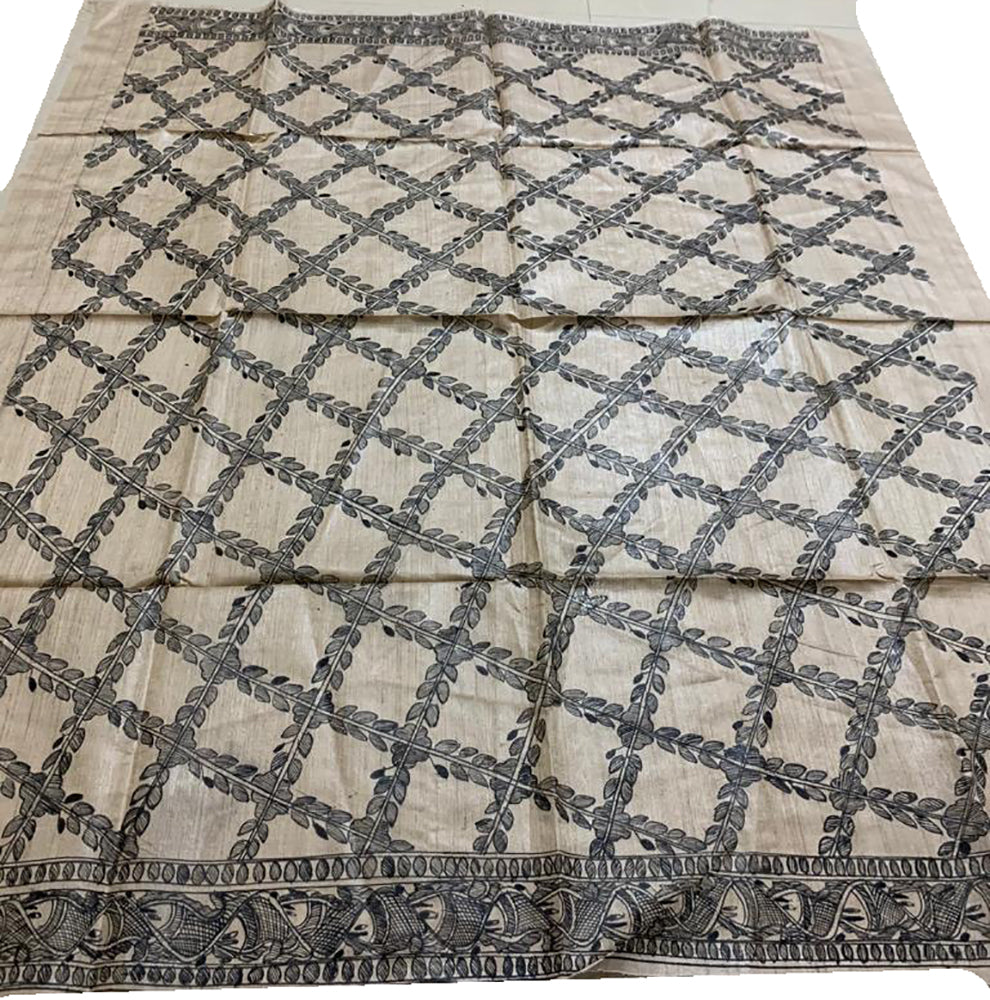 Pastel Hand Painted Madhubani Pure Tussar Silk Unstitched Blouse Fabric - Luxurion World